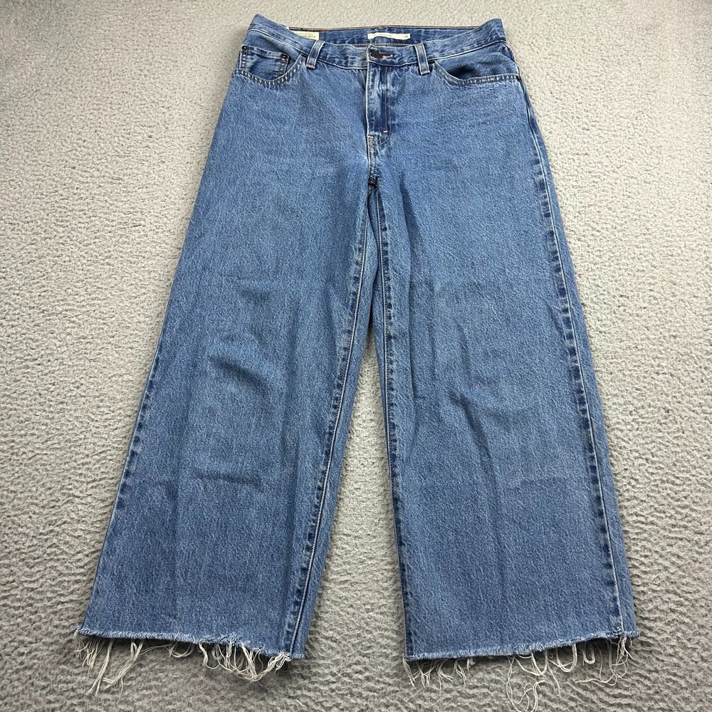 Levis Jeans Womens 26 Blue Baggy Dad Big E Denim Frayed Hem Relaxed Wide Leg